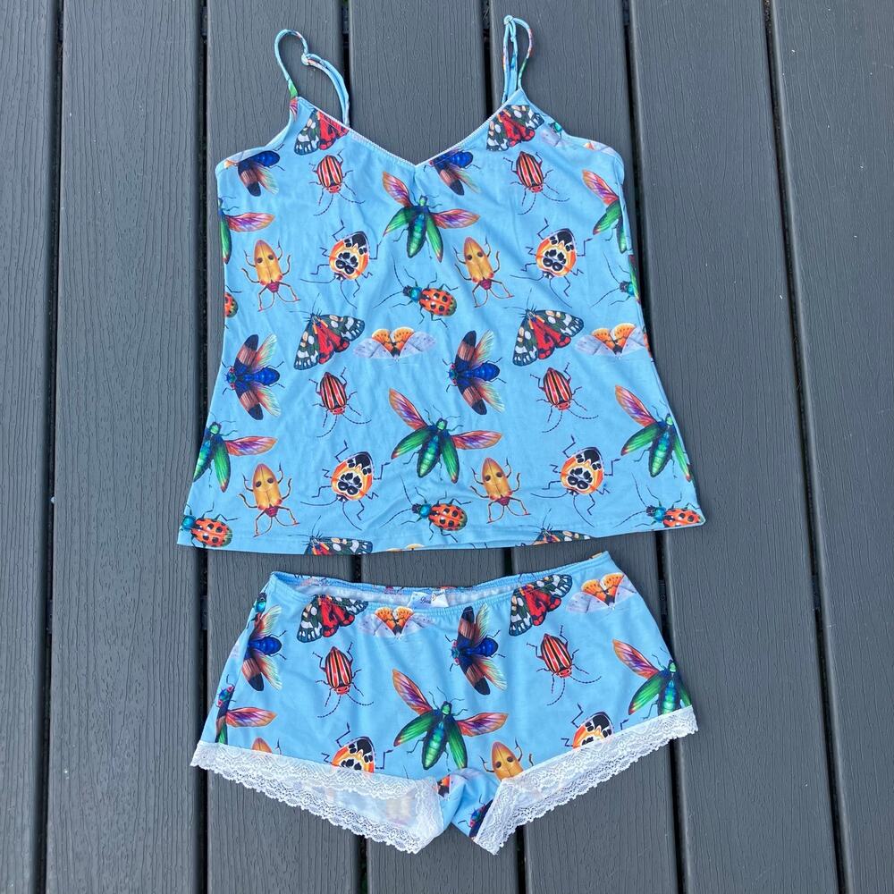 Blue bug pajamas set, shorts and camisole, goblincore whimsy weird kidcore